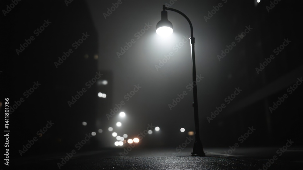 Aufkleber a wet road at night is illuminated by a glowing street lamp, creating a noir atmosphere. city lights