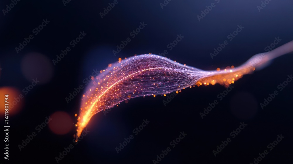 Poster Abstract background featuring a flowing, undulating form with a gradient from orange to purple, composed of interconnected dots and lines against a dark, blurred background. The image evokes a sense