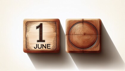 Illustration of wooden blocks with date 1 June. Day and month, simple calendar