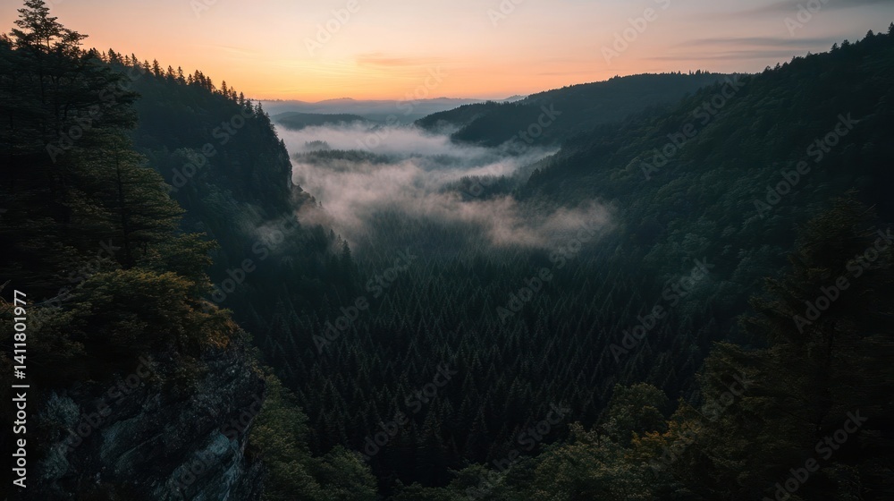Poster a scenic view of a dense, green forest valley filled with fog under a pastel sky at dusk. the image 
