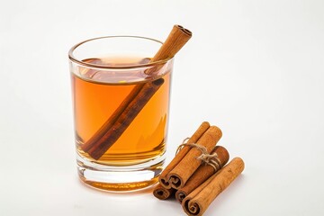 Warm spiced beverage with cinnamon sticks resting in a glass captured on a clean white background isolated on transparent background