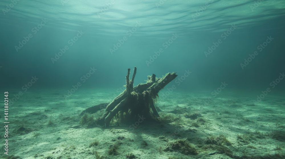 Aufkleber Underwater scenery showcases a dilapidated structure on the seabed, bathed in diffused sunlight filtering through the water's surface, creating a serene yet decaying atmosphere