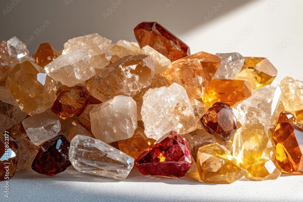 Poster a macro shot showcases a pile of translucent, crystallized minerals in shades of white, amber, and d
