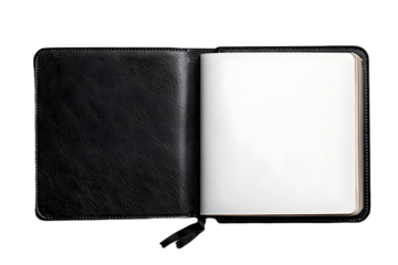 Top view of a black leather sketchbook mockup isolated on a transparent background, PNG. High resolution.