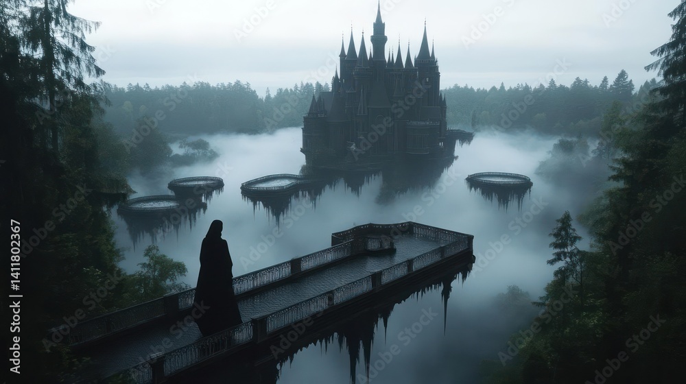 Poster a dark gothic castle sits in the center of a misty lake, with a stone pathway leading to it through 