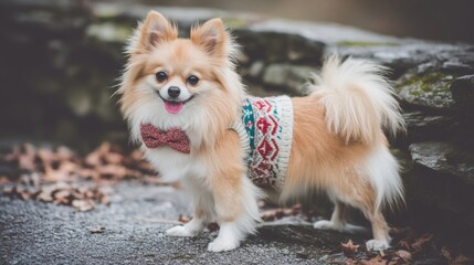 Cute Pomeranian Dog Wearing Sweater and Bow Tie Outdoors in Autumn Setting with Leaves