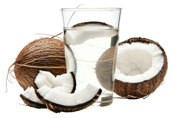 Refreshing coconut water with fresh coconut halves on a light background, showcasing natural health and tropical vibes isolated on transparent background