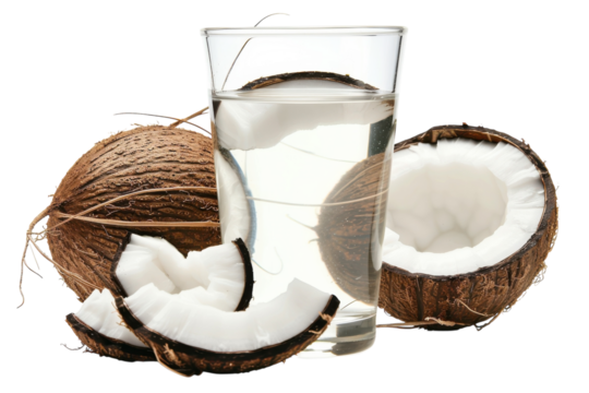 Refreshing coconut water with fresh coconut halves on a light background, showcasing natural health and tropical vibes isolated on transparent background