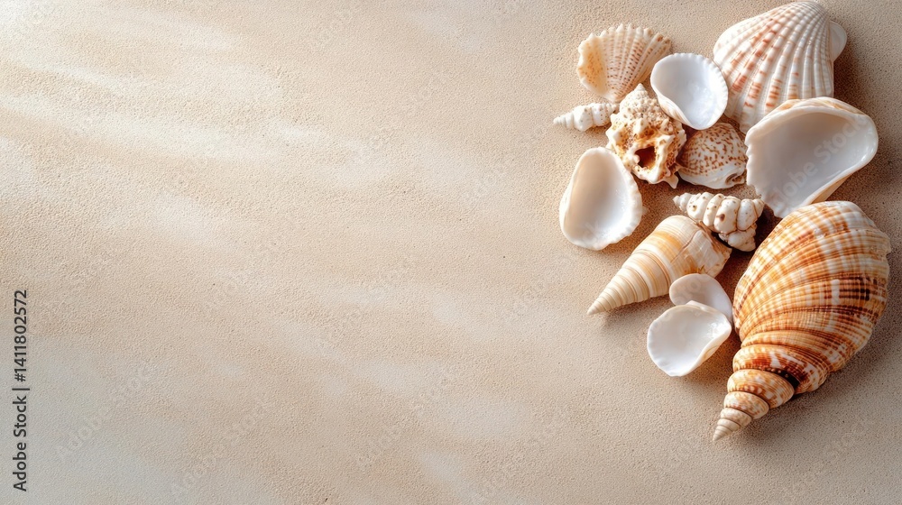 Poster arrangement of seashells, displaying an assortment of shells in varied shapes, sizes, and beige with