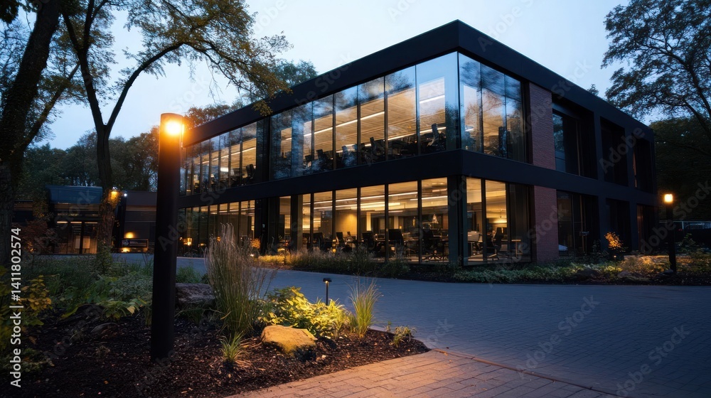 Aufkleber exterior view of a modern office building at twilight with illuminated windows, showcasing interior 
