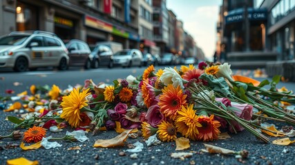A vibrant bouquet of colorful flowers lies discarded on a city street amidst blurred background of parked cars and buildings.