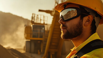 Mining technician monitoring dust and air quality near lithium extraction machinery. Featuring environmental monitoring