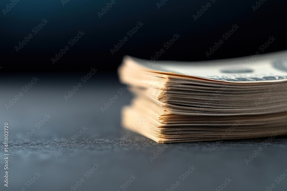 Poster close up shot of a thick stack of united states currency on a dark surface, illuminated by soft ligh