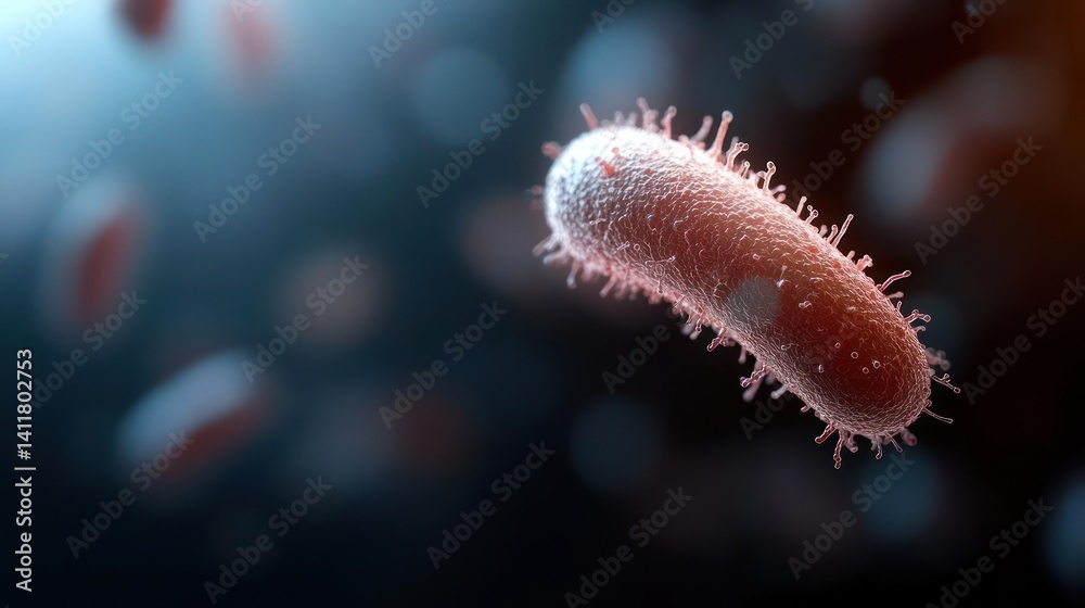 Poster Close up microscopic 3D render of bacterium cell in red with a dark blue bokeh effect background. The bacterium is covered in small spikes and the background has out of focus spots