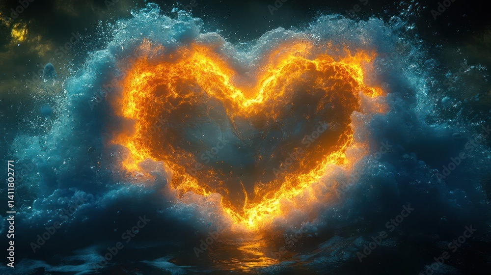 Poster A glowing heart made of fire and smoke, framed by swirling clouds and reflective water. The scene is set against a dark and stormy sky, creating a sense of dynamic contrast and emotional intensity