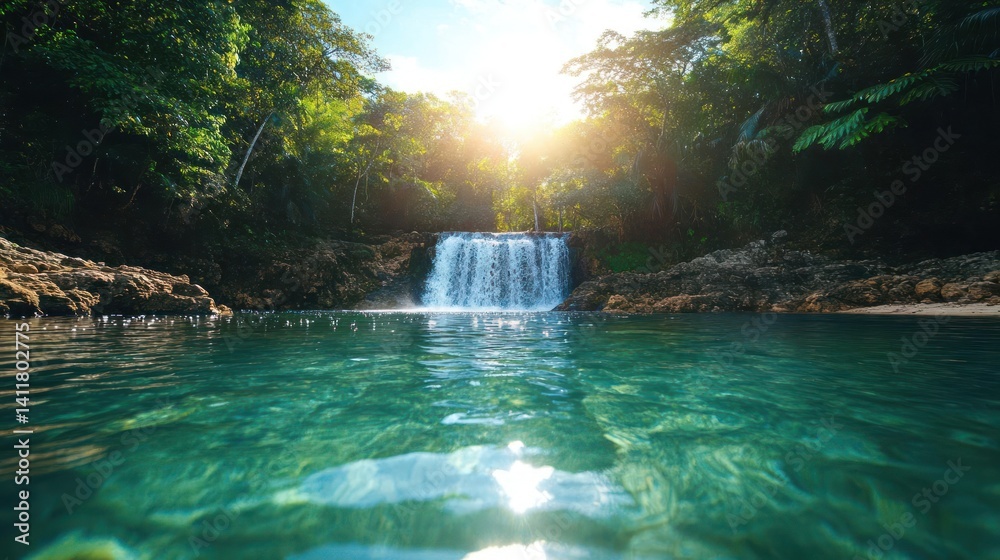Poster sunlit waterfall cascading into a clear turquoise pool, surrounded by lush green trees. the shot fea