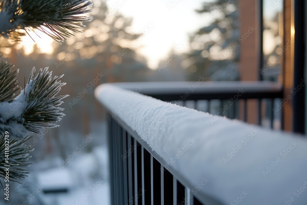 Poster winter scene featuring a snow-covered railing, foreground pine tree branch with frost, and backgroun
