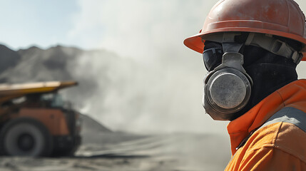 Mining technician monitoring dust and air quality near lithium extraction machinery. Featuring environmental monitoring