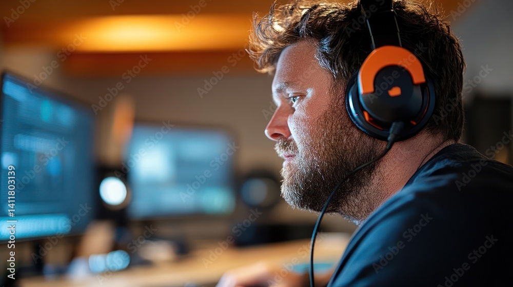 Aufkleber close-up shot of a focused man with a beard wearing headphones, sitting in front of multiple compute