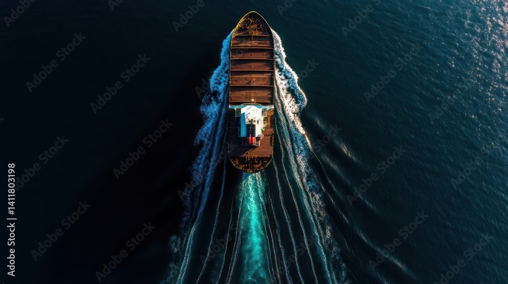 Aufkleber Aerial top-down view showcases a cargo ship navigating through deep blue waters, creating a dynamic trail. The composition emphasizes the scale of the vessel against the vastness of the ocean
