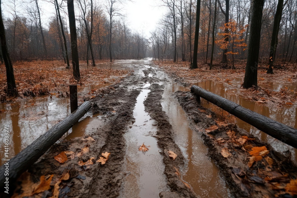 Aufkleber A muddy path winds through a forest with autumn leaves on the trees and ground. Water and mud cover the path, reflecting the overcast sky. Logs lay across the path, adding to the scene's ruggedness
