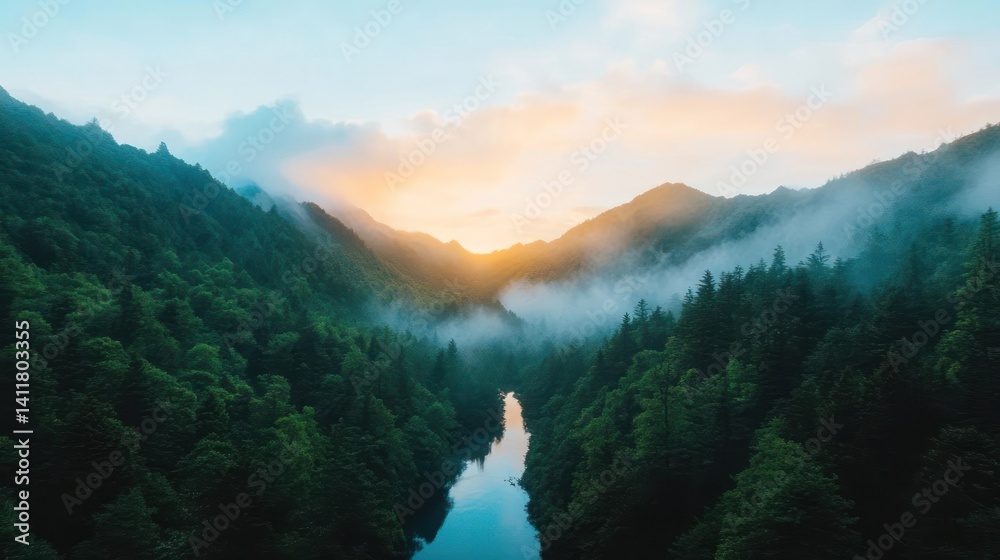 Poster Aerial view capturing a tranquil river winding through a dense, lush green forest, enveloped in ethereal mist, illuminated by a soft, warm golden sunlight filtering through the clouds, creating a