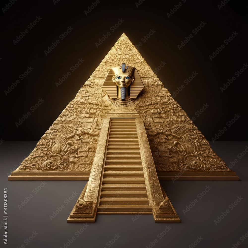 Aufkleber a golden pyramid detailed with hieroglyphs against a dark background, lit to highlight its textured 
