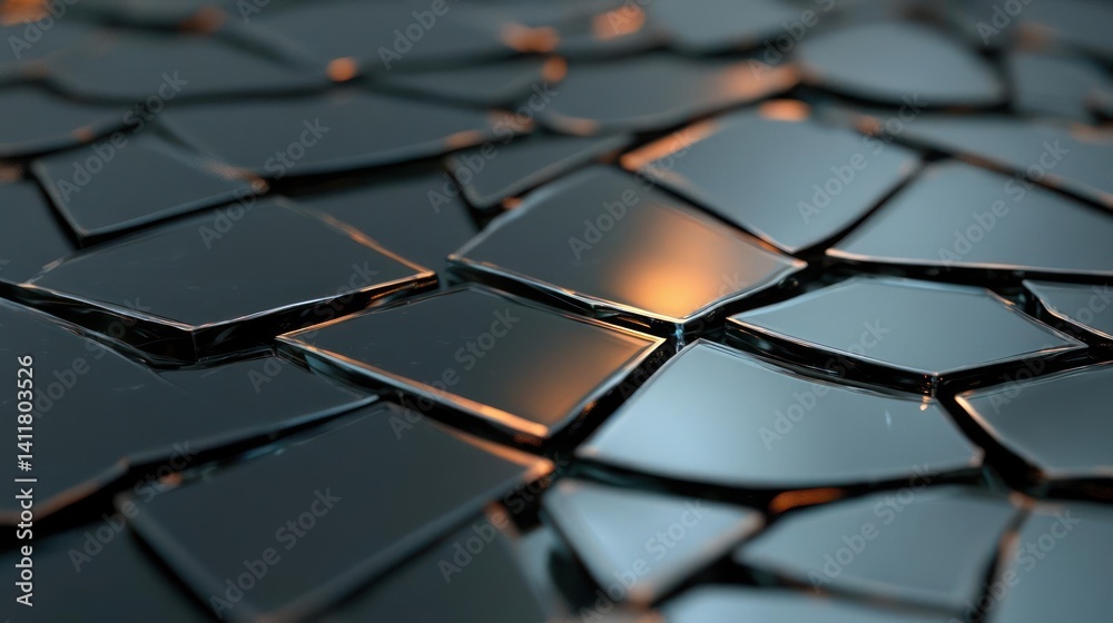 Poster a close-up showcases a surface covered with shiny, irregularly shaped tiles. the tiles are dark, pos