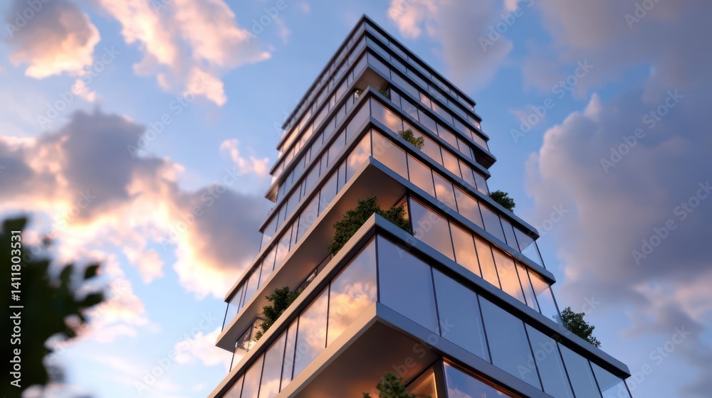 Poster a modern high-rise building features glass exterior and is angled towards a sunset sky with soft pas