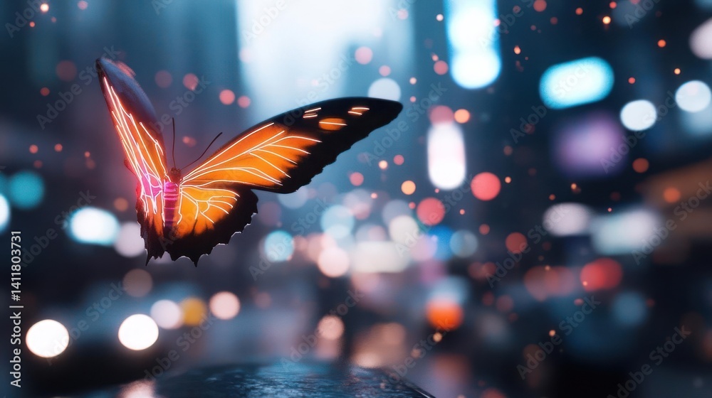 Aufkleber a vibrant, orange butterfly with glowing patterns takes center stage against a backdrop of blurred c