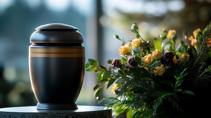 Peaceful Remembrance Urn  Flowers at Funeral Home.