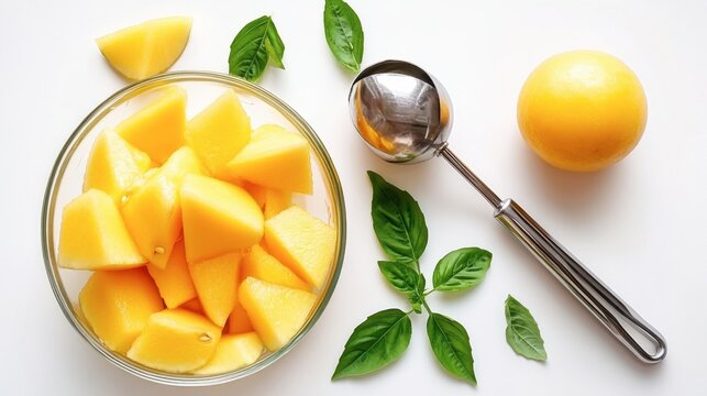 A melon baller placed next to diced cantaloupe, with utensil as main subject