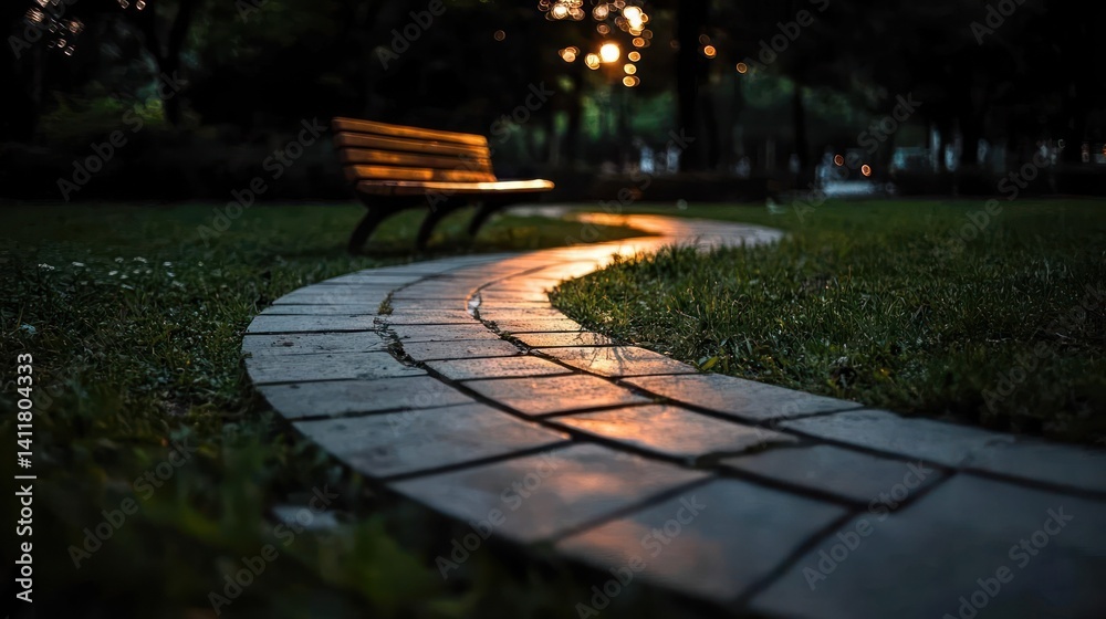 Aufkleber A winding stone path lit by golden sunlight leads to a wooden bench in a park at dusk, trees form a dark backdrop, soft light reflecting on the path's surface with lush green grass at each side