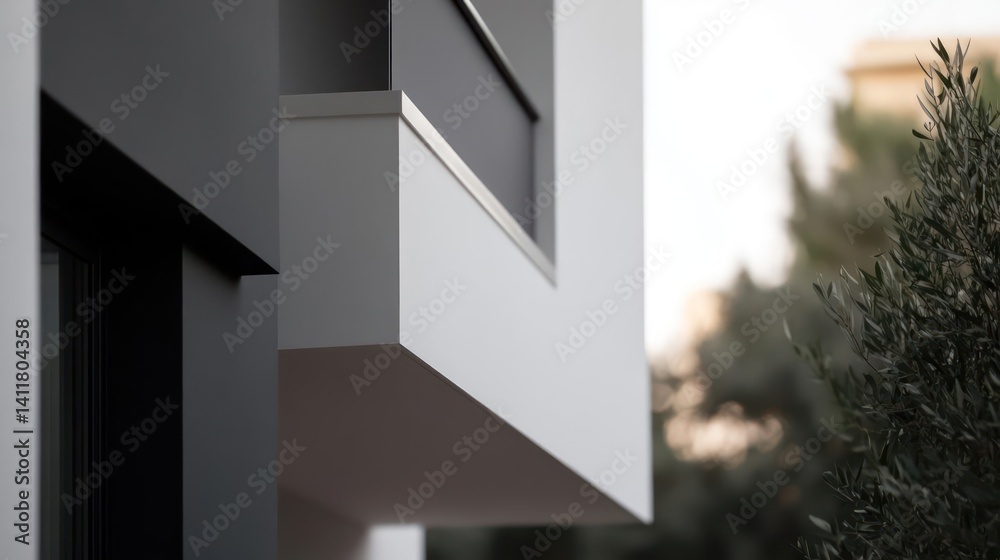 Poster close-up of a white and grey modern building exterior. an olive green bush sits on the right side of
