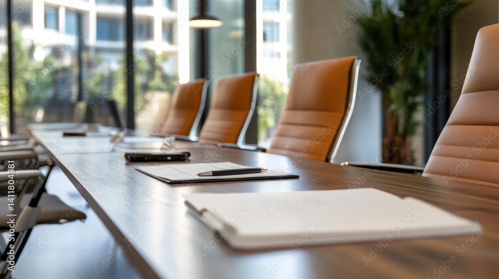Aufkleber a conference room features a long table with chairs. papers and a phone are placed on the table, wit