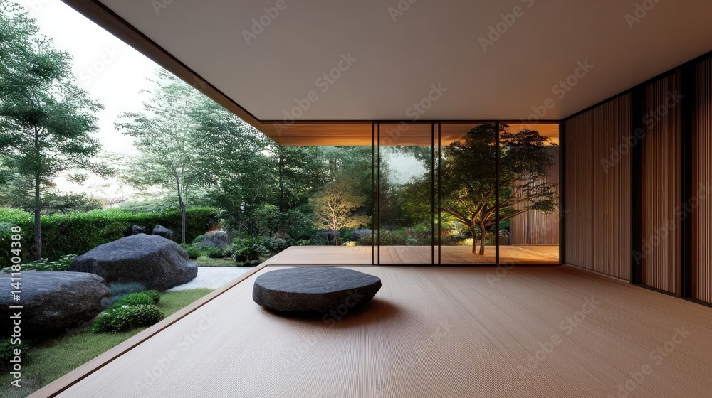 Poster a serene indoor space with warm wood floors and walls, complemented by large glass windows offering 