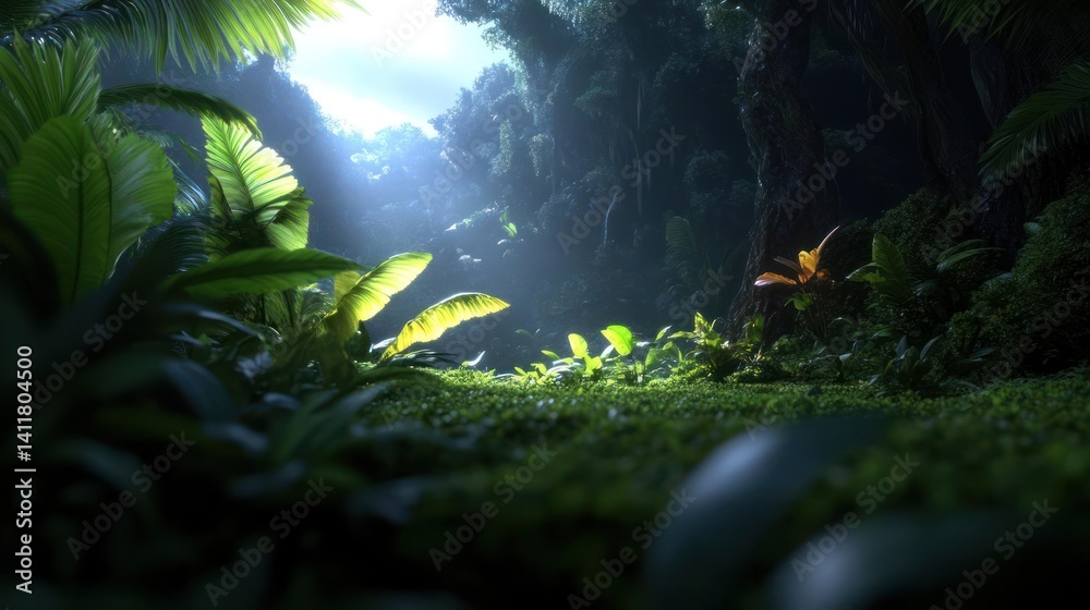 Aufkleber Sunlight filters through a dense, green forest canopy, illuminating lush foliage and creating a serene atmosphere. The scene is rich with texture and detail, emphasizing the natural beauty of the