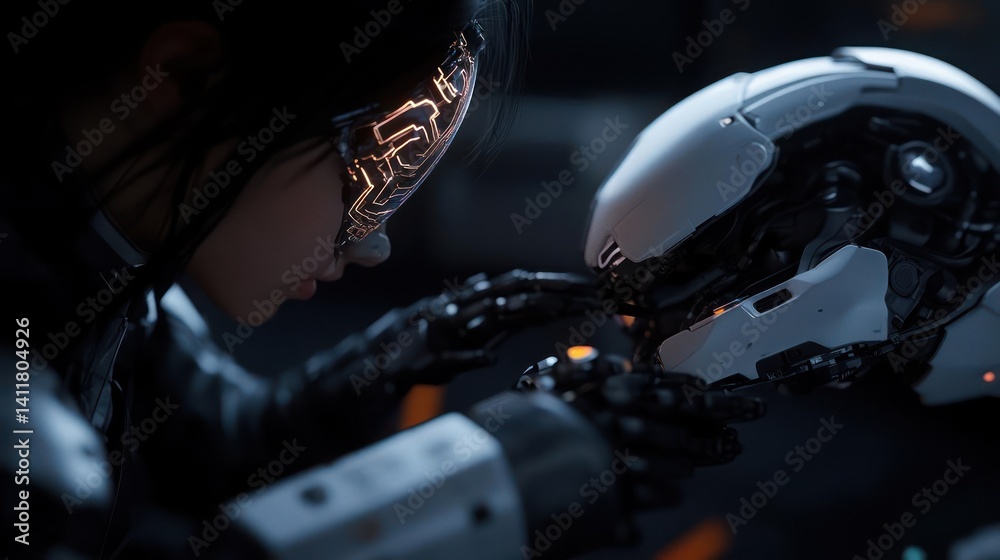 Poster Close up on a young woman with an ornate digital mask looking at a white futuristic robot head, holding it with both hands in a dimly lit environment. Focus on the intricate details and the