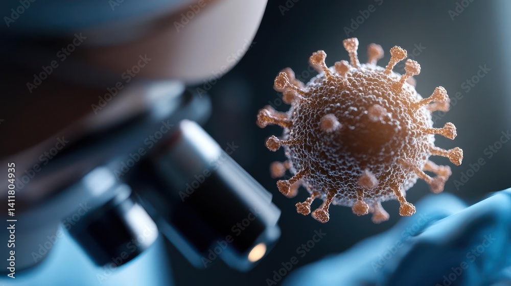 Aufkleber Close-up of a scientist in blue gloves examining a microscopic virus under a microscope against a blurred background. The image conveys a sense of research, medical, and scientific investigation