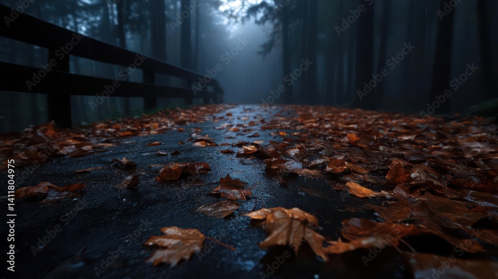 Poster a forest path covered in fallen leaves on a foggy day, with dark wooden railings visible. the leaves