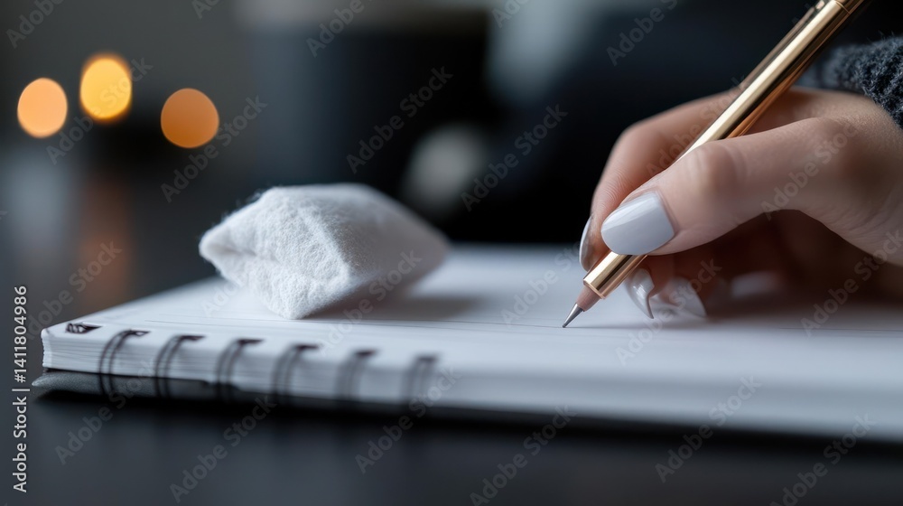 Poster close-up shot of a hand holding a gold pencil writing on a white spiral notebook against a dark back