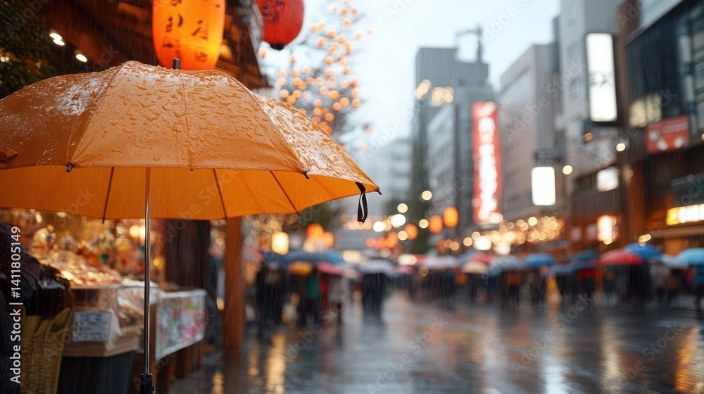 Poster view of a wet city street in asia with pedestrians carrying umbrellas on a rainy day. street vendors