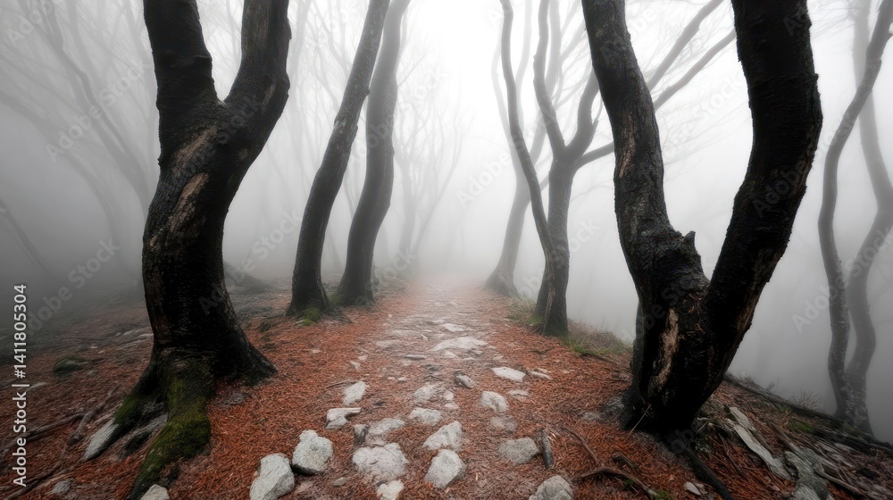Aufkleber a landscape scene shows a path made of rocks and fallen leaves going through a forest with tall, bar