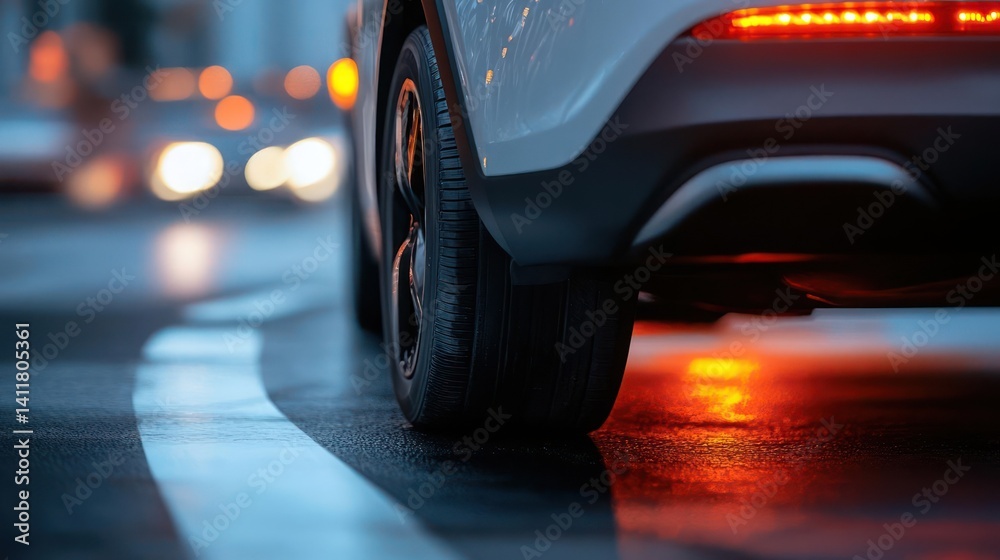 Poster close up rear of a white car with its red tail lights glowing in the dark, rainy environment. the ve