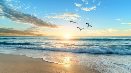 Sunrise beach scene with birds flying over the ocean