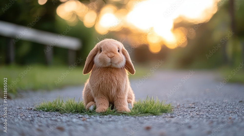 Poster a charming eye-level shot presents a brown rabbit plush toy nestled on a stony path surrounded by gr