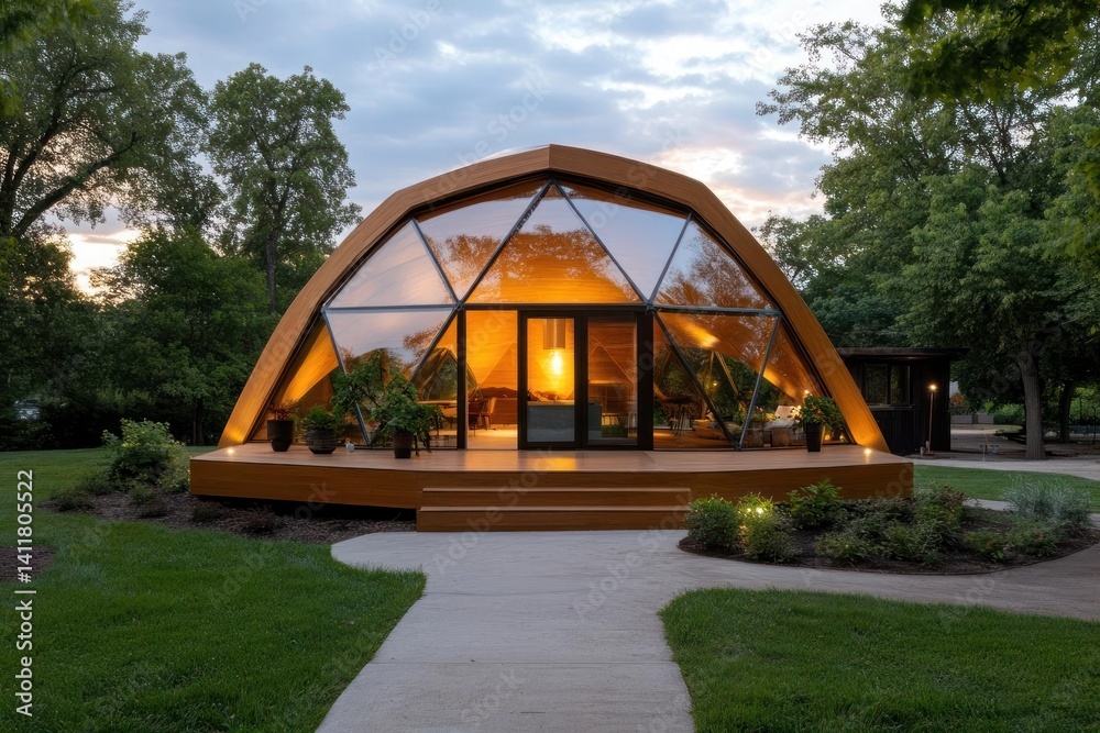 Poster exterior capture displays a striking brown geodesic dome structure with transparent panels, nestled 
