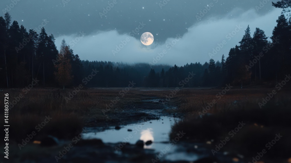 Poster scenic night landscape featuring a full moon illuminating a forest, creating a serene and mystical a