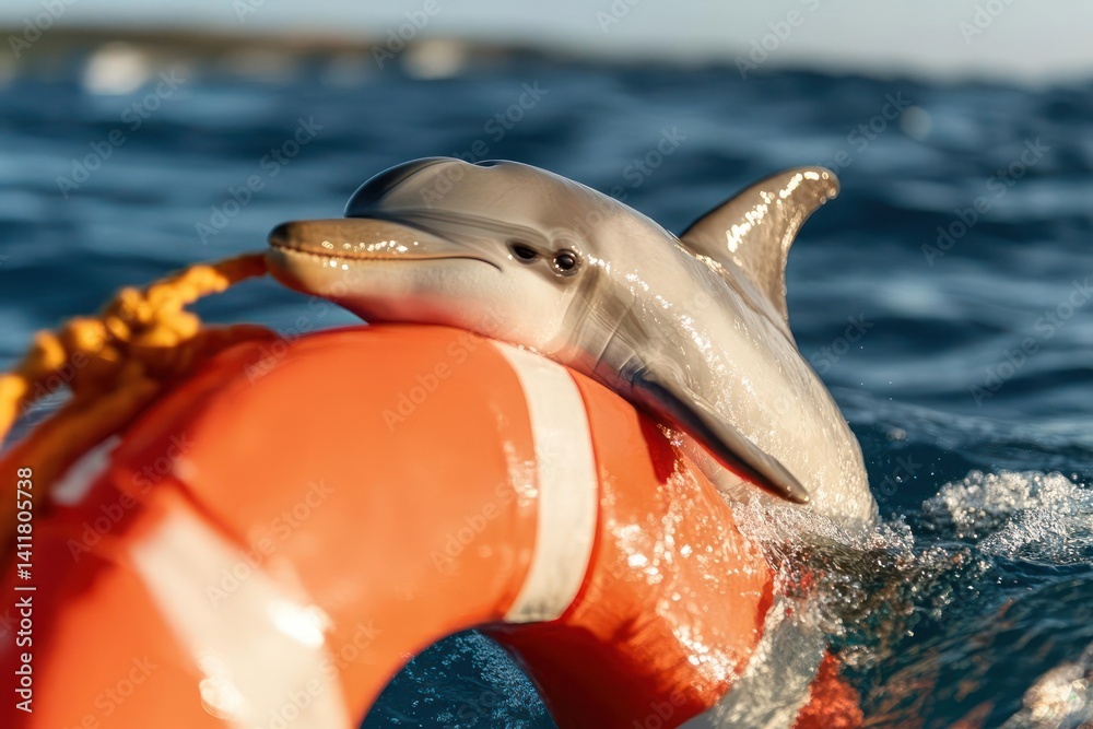 Poster close up of a gray dolphin riding a orange life preserver in the clear blue ocean water. yellow rope