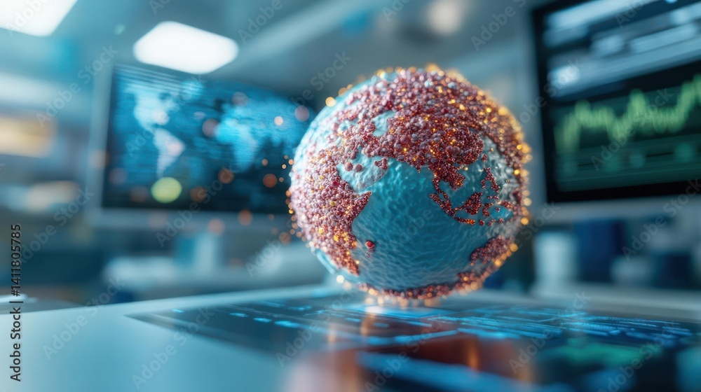 Poster Digital rendering of a globe with detailed topographical texture, illuminated with a bokeh effect on a reflective surface in a modern laboratory setting. The background includes computer monitors